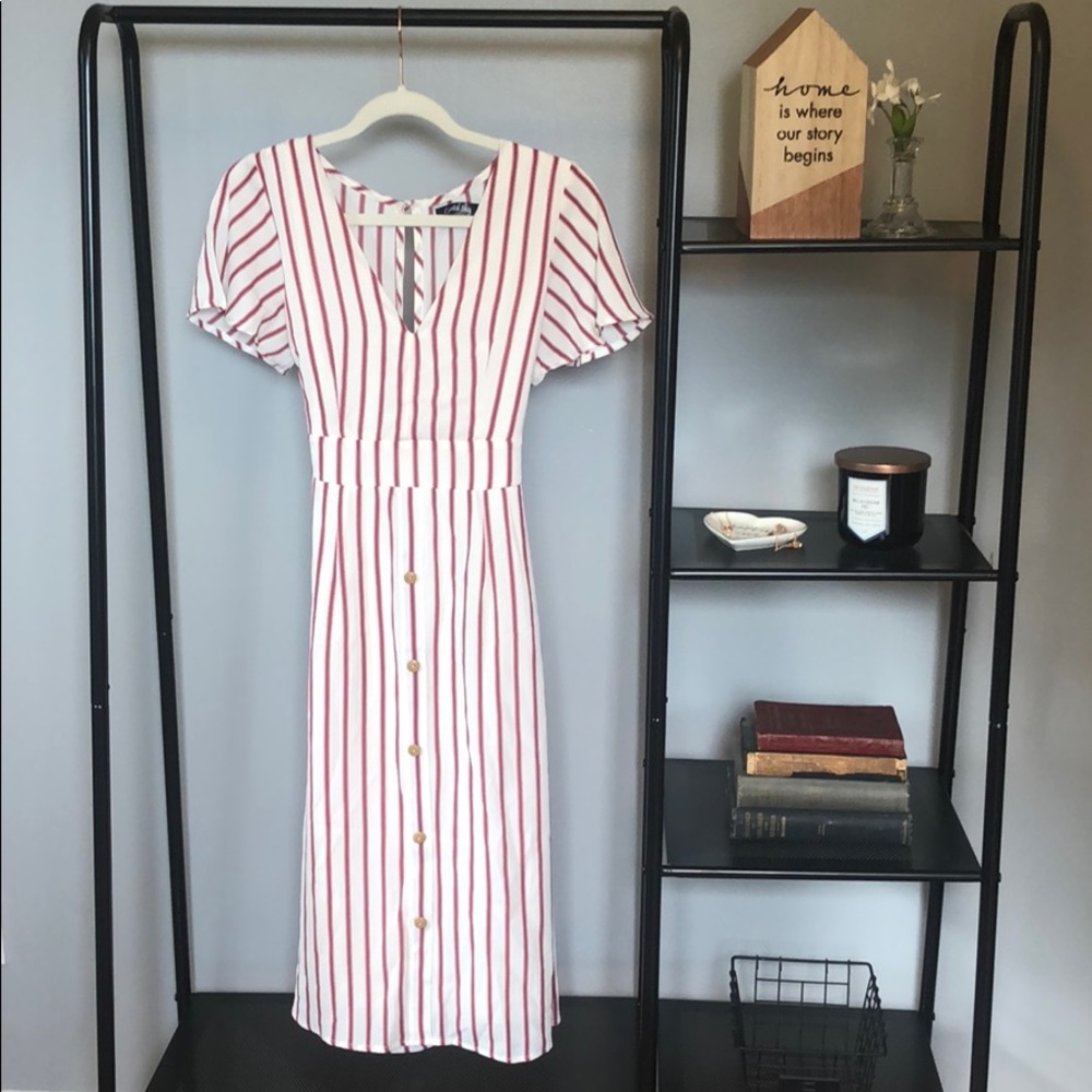 Crystal Sky | Off-White and Maroon Stripped Dress